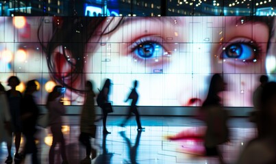 Exhibition expo event trade fair hall with busy bustling people walking to conferences in a modern hall crowded business people with a bokeh effect. Generative AI

