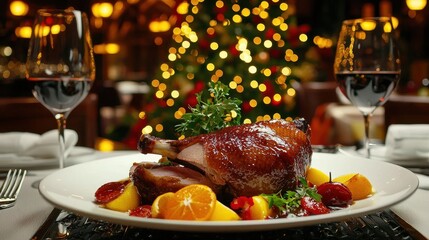 Festive Roasted Duck Dinner with Wine and Christmas Lights