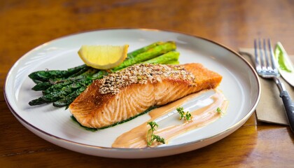 beautifully plated grilled salmon fillet, perfectly seared with a crispy