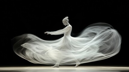Fototapeta premium Woman in Flowing White Dress on Black Background