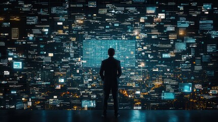 Businessman Looking At Digital Interface With City Lights In Background