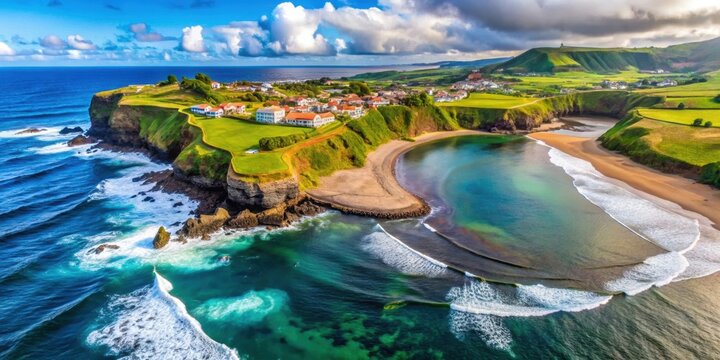 Aerial drone view of Praia dos Moinhos beach in Sao Miguel, Azores, Portugal, beach, Praia dos Moinhos, Sao Miguel, Azores