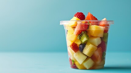Fruit salad in plastic cup on blue background