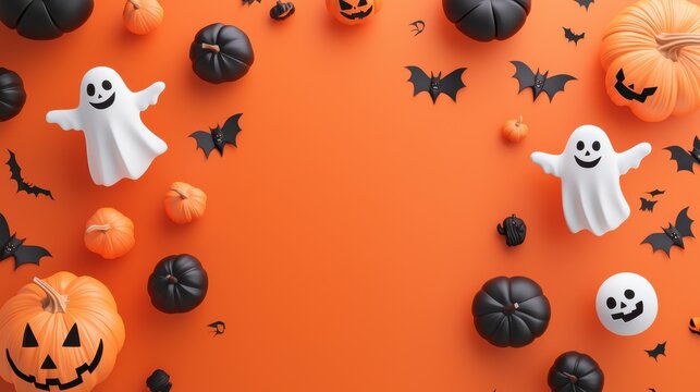 Minimal and isolated Halloween template with lively 3D vector ghosts, black cats, and pumpkins on a clean background