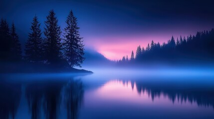 Fototapeta premium Tranquil Misty Lake at Dawn with Pine Trees and Reflective Water Under a Vibrant Purple and Blue Sky