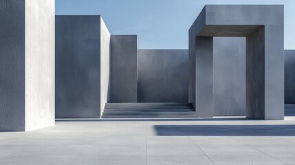 Modern Minimalist Architectural Design with Concrete Structures and Clear Blue Sky