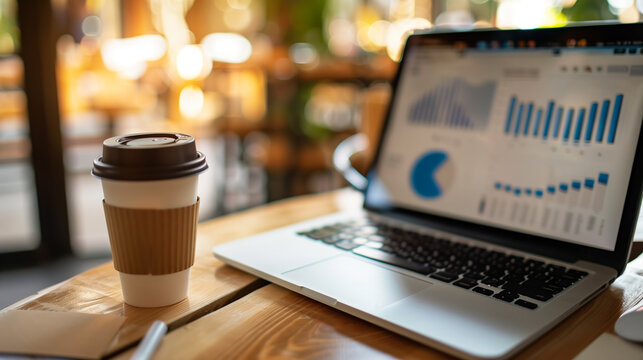 business data statistics displayed on a laptop with a recyclable cup of coffee on the table in modern office
