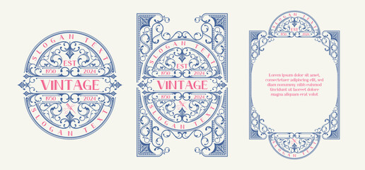 Set of antique carved ornament frames. Retro decorative posters with elegant ornaments. Design elements for brochures or book covers. Collection of isolated vector illustrations on background