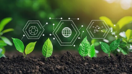 Green Shoots Growing With Sustainability Icons in Soil