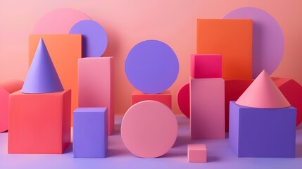 Geometric shapes isolated on purple and pink background