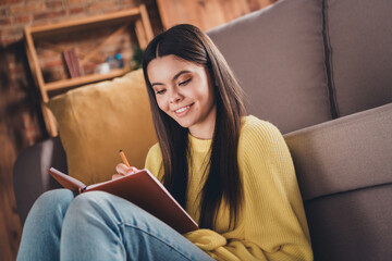 Portrait of nice teen girl sit floor couch writing notebook wear yellow clothes modern interior...