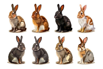 Fototapeta premium Nine adorable rabbits in various colors and patterns, sitting alertly. Perfect for pet-related projects. Wildlife Animals.