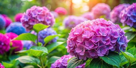 Obraz premium Vibrant shot of a blooming pink and purple hydrangea in a garden bed, hydrangea, hortensia, flowering shrub, garden plant