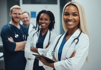 Fototapeta premium Smile, portrait and hospital doctors, people or surgeon team for healthcare