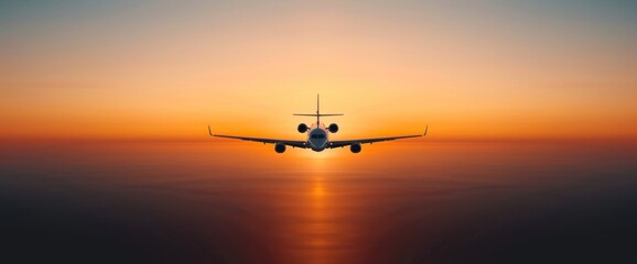 A plane is flying over the ocean at sunset