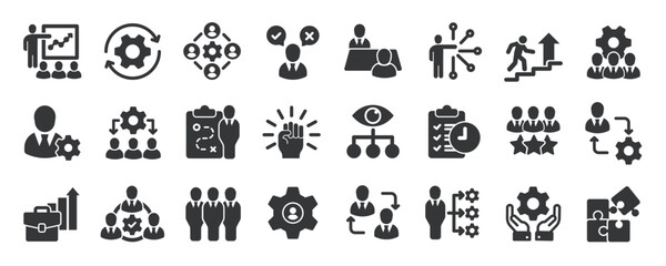 Management glyph solid icons collection. Containing teamwork, leadership, supervision, development. Minimal icon and symbol series vector illustration
