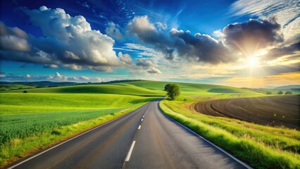 Fototapeta premium Asphalt road winding through lush green fields under a stunning blue sky, asphalt, road, green, fields, sky, nature