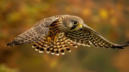 Obraz premium Male Kestrel in mid-flight showcasing vibrant feathers and keen eyes against a blurred landscape backdrop