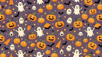 Fototapeta premium Halloween pattern featuring jack-o-lanterns, bats, ghosts, and spiders, halloween, pattern, pumpkins, bats, ghosts