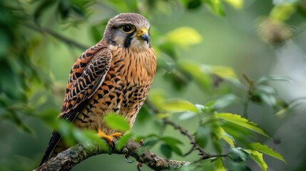 A majestic male Kestrel perched gracefully on a branch amidst lush greenery, showcasing vibrant plumage and exquisite feather patterns