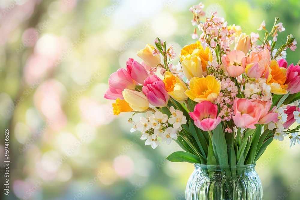 Poster A beautiful arrangement of tulips, daffodils, and cherry blossoms fills a glass vase, bringing color to a bright spring day. Generative AI