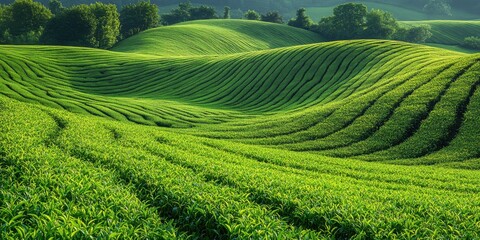 High eagle view of expansive tea leaf field