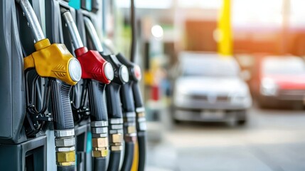 Gas Station Fuel Pump Nozzles Close Up with Blurry Cars in Background