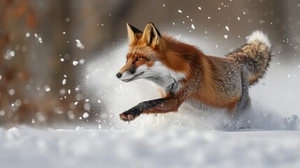 A swift fox races through the snow, capturing the thrill of winter in a vibrant, frozen landscape