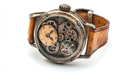Antique Mechanical Wristwatch with Exposed Gears and Leather Strap