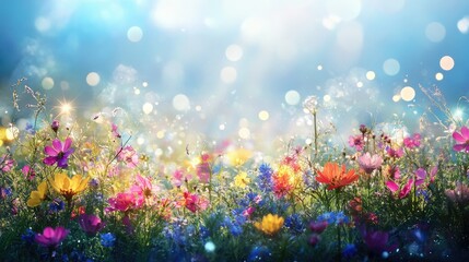 Naklejka premium Colorful flower meadow with sunbeams and blue sky and bokeh lights in summer 
