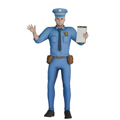 3D Professional Male Cartoon Cop Character. A male police officer is holding a clipboard in his right hand while raising his left hand. Law Enforcement