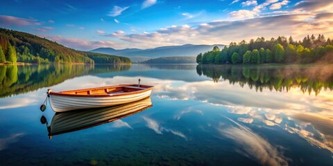 Boat floating peacefully on serene lake, venture, tranquility, watercraft, reflection, nature, leisure, relaxation, vacation