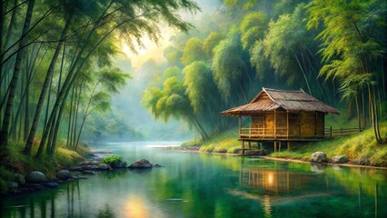 Fototapeta premium Tranquil bamboo hut nestled in a lush bamboo forest beside a serene riverside, depicted in artful painting style with textured brush strokes