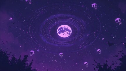 Purple Night Sky with Skulls and Moon