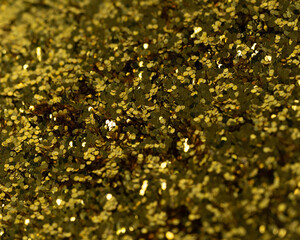 Image of a close-up pile of hexagonal gold glitter flake.