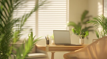 Fototapeta premium Soft focus on a home office setup with stylish furnishings and indoor plants. Resplendent