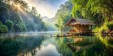 Fototapeta premium A serene bamboo hut floating on a tranquil river