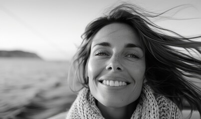 Fototapeta premium Blissful Woman Enjoying a Coastal Ride in a Convertible, Hair Blowing in the Wind