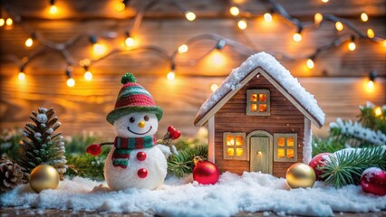 Obraz premium Festive Christmas house decoration with little snowman and backgr, Christmas, festive, decoration, snowman, house, holiday, winter