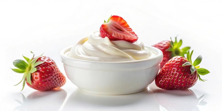 Cream with strawberries on a white background, strawberries, cream, dessert, food, sweet, delicious, fresh, red, dairy, fruit
