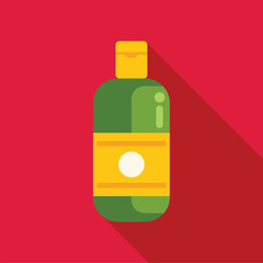 Green bottle with yellow label and white circle on red background, perfect for representing soap, shampoo, or lotion