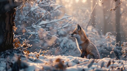 A serene photograph of a fox sitting in a snowy forest