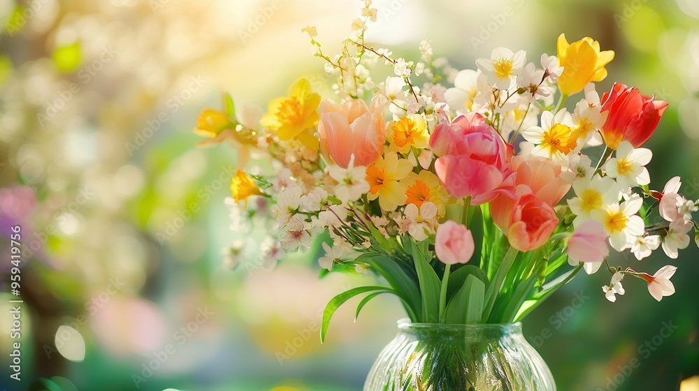 Poster This colorful arrangement features tulips, daffodils, and cherry blossoms beautifully displayed in a glass vase, perfect for springtime decor. Generative AI