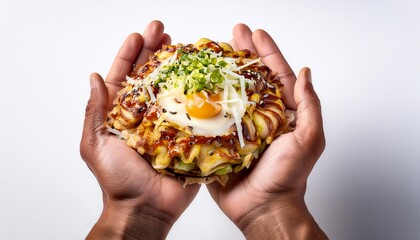 White hands of man holding okonomiyaki on white background isolated