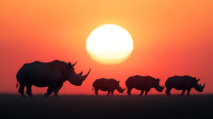 A herd of rhinoceroses walking in single file at sunset, silhouetted against a vibrant orange sky with the sun low on the horizon.