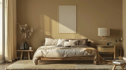 Beige Cozy Tone Bedroom Interior Design with Wooden Bed, Lamp, Pillows, Table, and Brown Tone Background – Empty Walls for Banner and Mockup with Generative AI