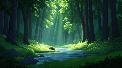 Sunbeams shining through dense forest trees onto a flowing river with a grassy cave entrance in the distance.