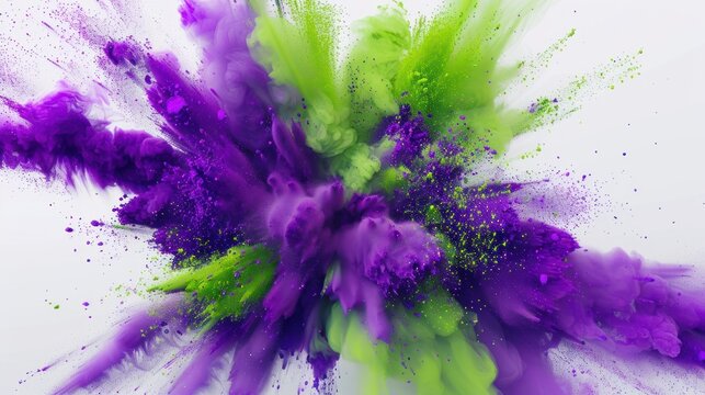 A vibrant explosion of purple and green powder paint bursts against a white background, creating abstract patterns and dynamic shapes