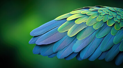 Fototapeta premium Close-up of vibrant blue and green feathers on an exotic bird wing, showing intricate patterns and texture.