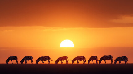 Zebras graze in the African savanna at sunset, silhouetted against the vibrant orange sky